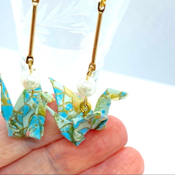 Handcrafted Paper Peace Crane Earrings - Picture 6 of 7